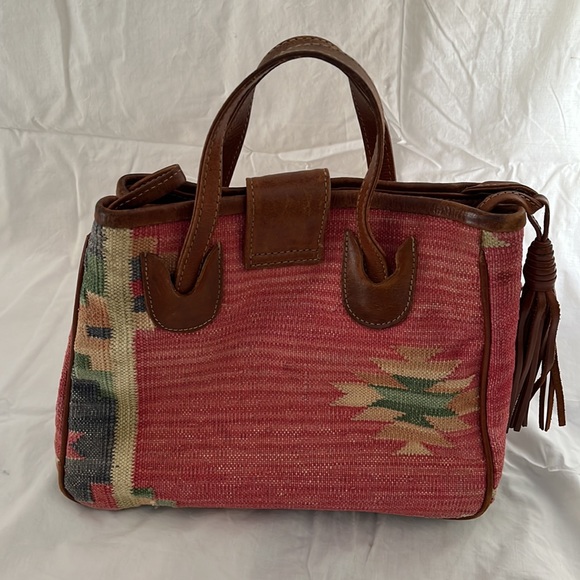Vintage Southwest style loomed cotton & leather purse with leather tassel - Picture 3 of 11